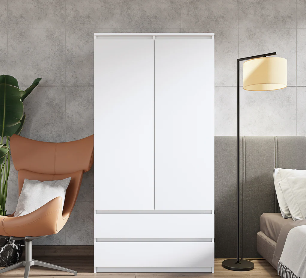 JOELLE - Armoire 2 Portes avec 2 Tiroirs - Blanc Matt H180cm L90cm P50cm
