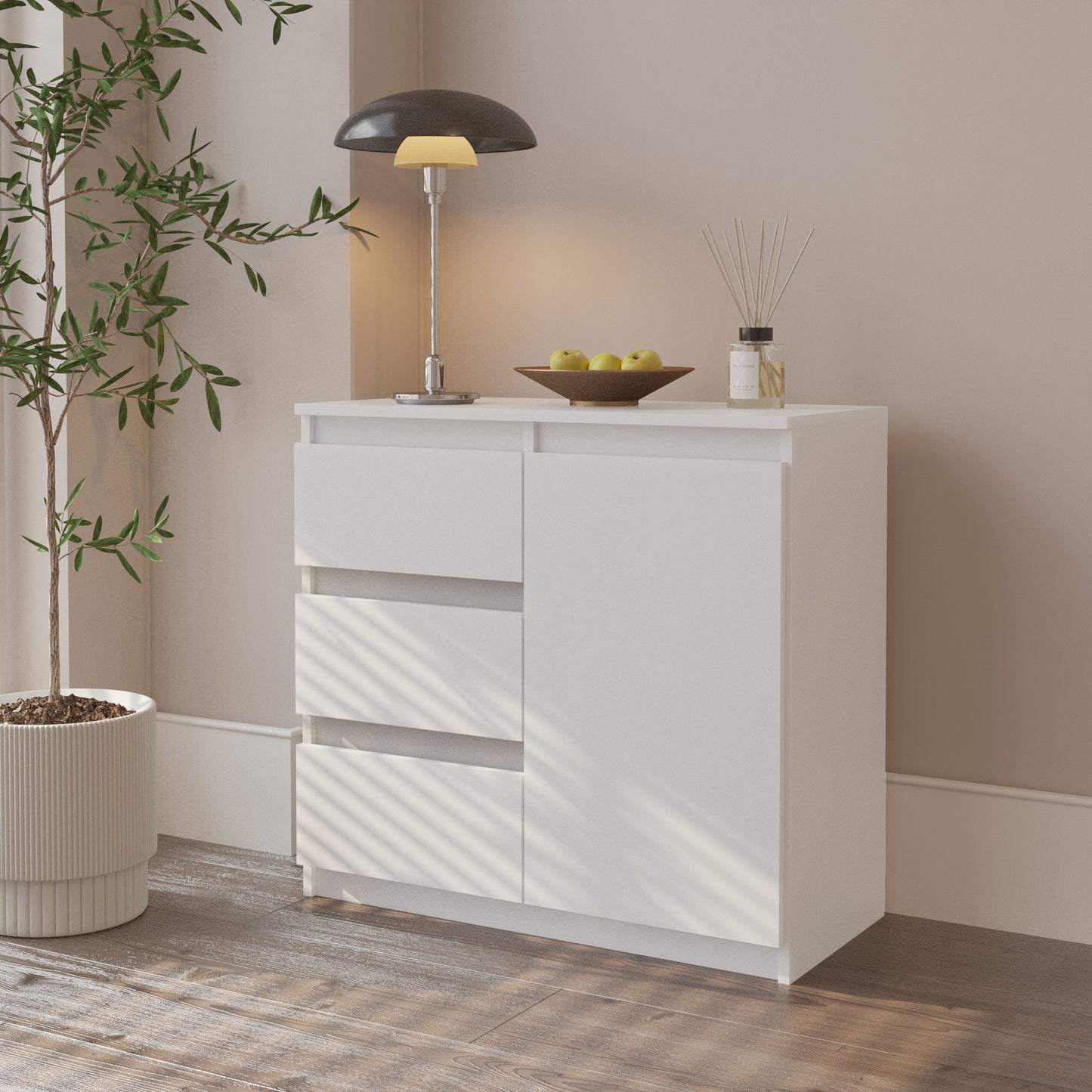 MIKEL - Commode 3 Tiroirs et 1 Porte - Armoire de Rangement pour Couloir/Chambre à Coucher - Buffet - H75cm L80cm P35cm (Blanc)