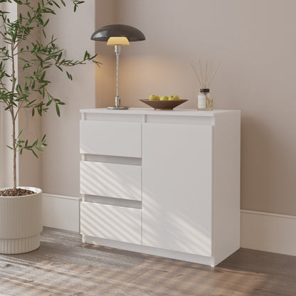 MIKEL - Commode 3 Tiroirs et 1 Porte - Armoire de Rangement pour Couloir/Chambre à Coucher - Buffet - H75cm L80cm P35cm (Blanc)