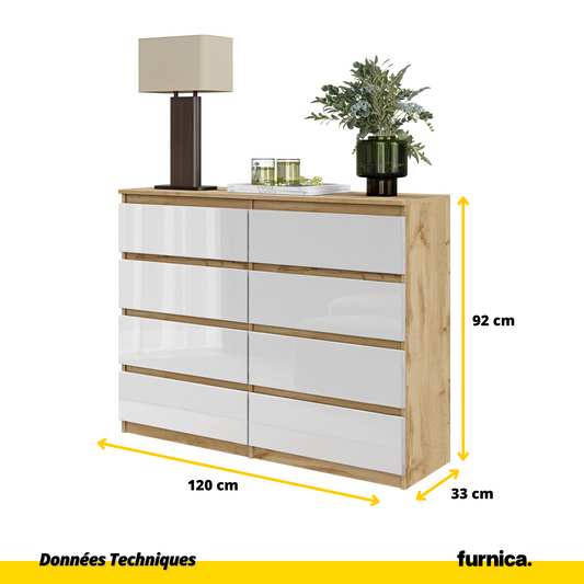 GABRIEL - Commode 8 Tiroirs - Buffet de Chevet - H92 cm L120 cm P33 cm (Chêne Wotan / Blanc Brillant)