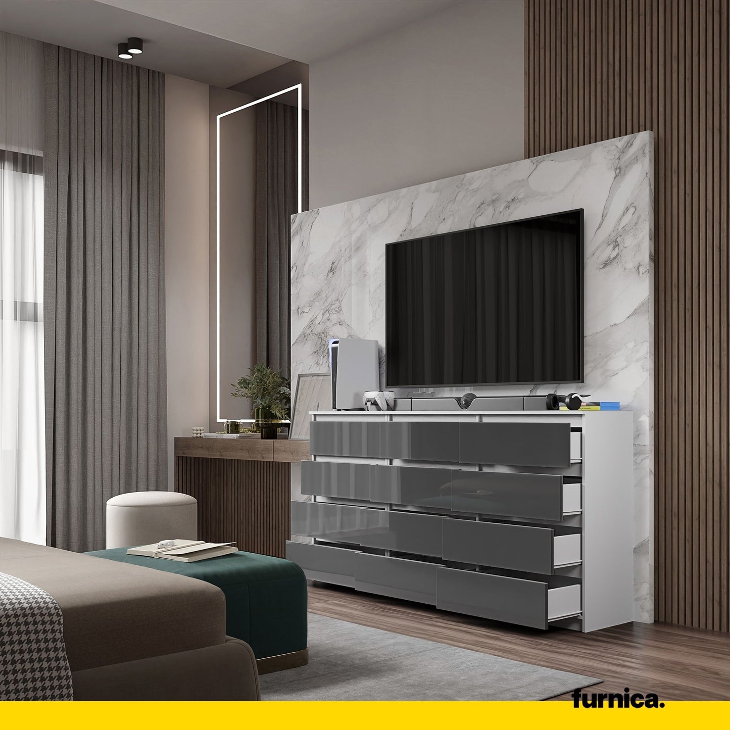 GABRIEL - Commode 12 Tiroirs (8+4) - H92cm L180cm P33cm (Blanc / Anthracite Brillant)