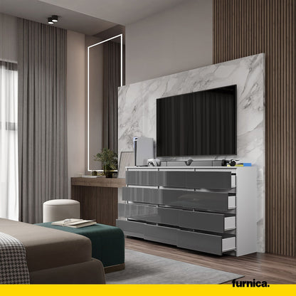 GABRIEL - Commode 12 Tiroirs (8+4) - H92cm L180cm P33cm (Blanc / Anthracite Brillant)