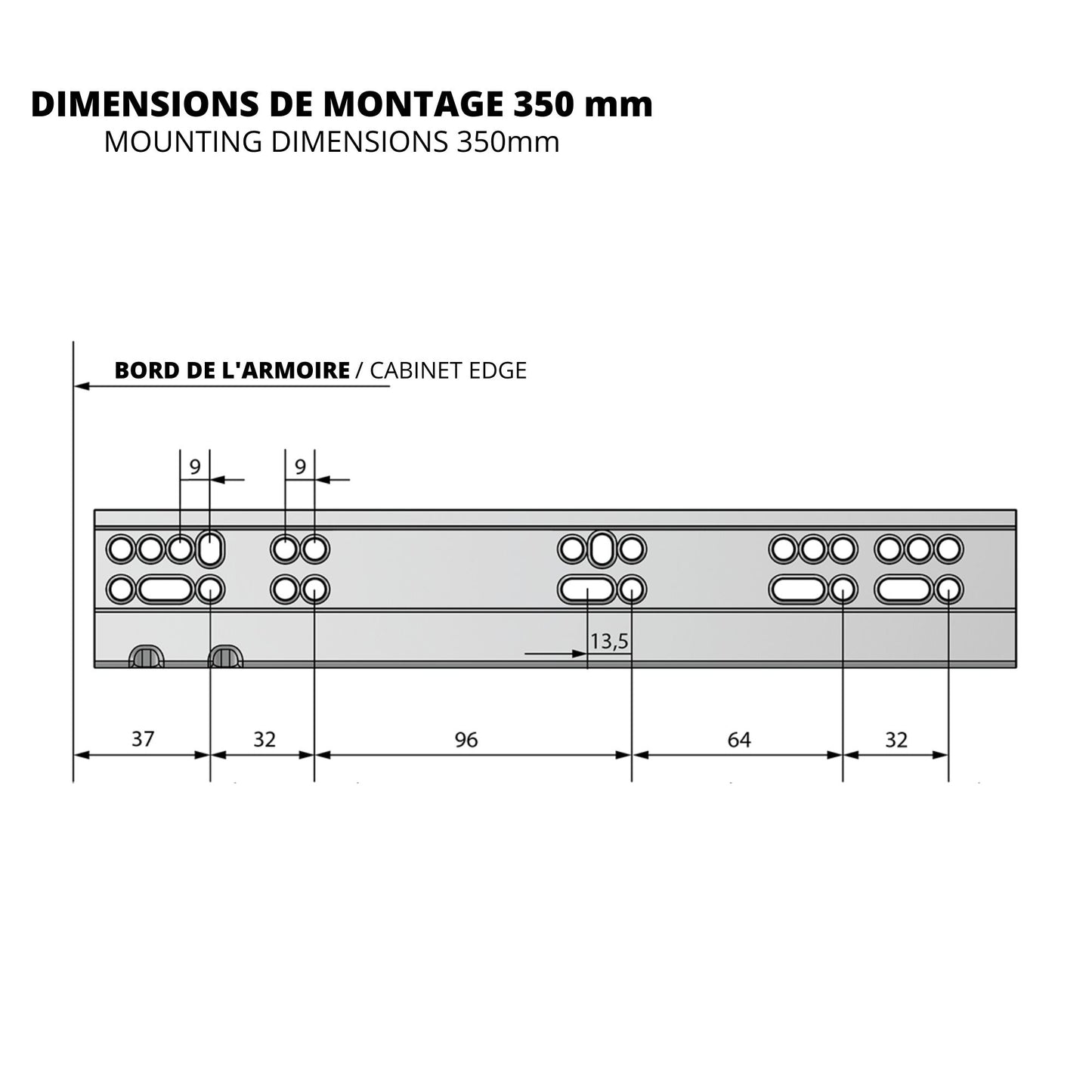 Ensemble de glissières dissimulée à fermeture silencieuse (gauche et droite), extension complète 350mm