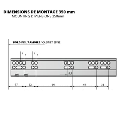 Ensemble de glissières dissimulée à fermeture silencieuse (gauche et droite), extension complète 350mm