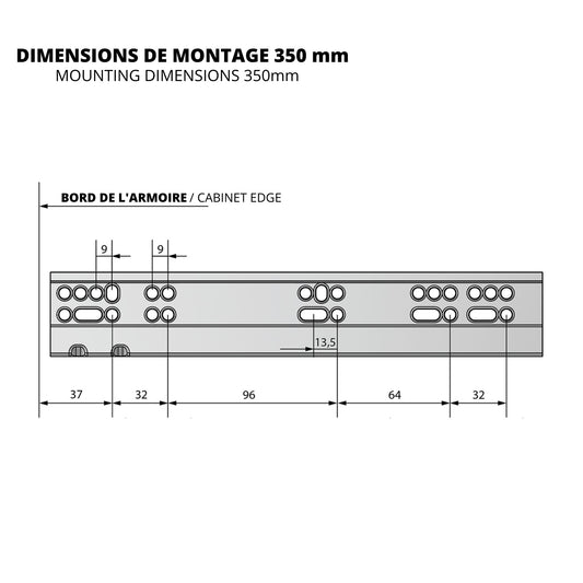 Ensemble de glissières dissimulée à fermeture silencieuse (gauche et droite), extension complète 350mm