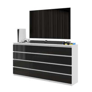 GABRIEL - Commode 12 Tiroirs (8+4) - H92cm L180cm P33cm (Blanc / Noir Brillant)
