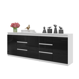 MIKEL - Commode 6 Tiroirs et 3 Portes - Armoire de Rangement pour Couloir / Chambre à Coucher - Buffet - Blanc Mat / Noir Brillant H75cm L200cm P35cm