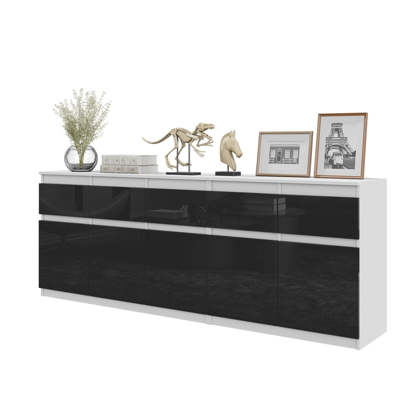 NOAH - Commode 5 Tiroirs et 5 Portes - Armoire de Rangement pour Couloir / Chambre à Coucher - Buffet - Blanc Matt / Noir Brillant H75cm L200cm P35cm
