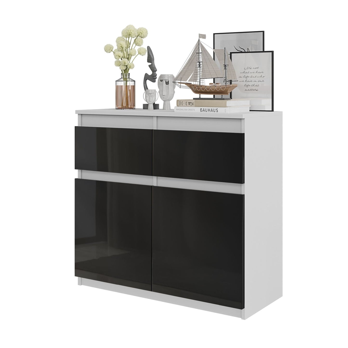 NOAH - Commode 2 Tiroirs et 2 Portes - Meuble de Rangement pour Couloir/Chambre - Buffet - H75cm L80cm P35cm (Blanc/Noir Brillant)