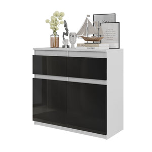 NOAH - Commode 2 Tiroirs et 2 Portes - Meuble de Rangement pour Couloir/Chambre - Buffet - H75cm L80cm P35cm (Blanc/Noir Brillant)