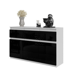 NOAH - Commode 3 Tiroirs et 3 Portes - Meuble de Rangement pour Couloir/Chambre - Buffet - H75cm L120cm P35cm (Blanc/Noir Brillant)