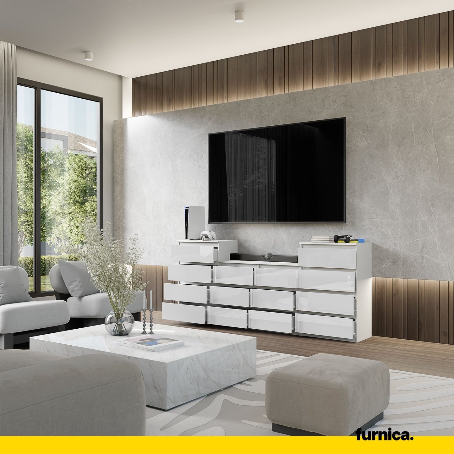 GABRIEL - Commode 14 Tiroirs (4+6+4) - H92cm L220cm P33cm (Blanc Brillant)