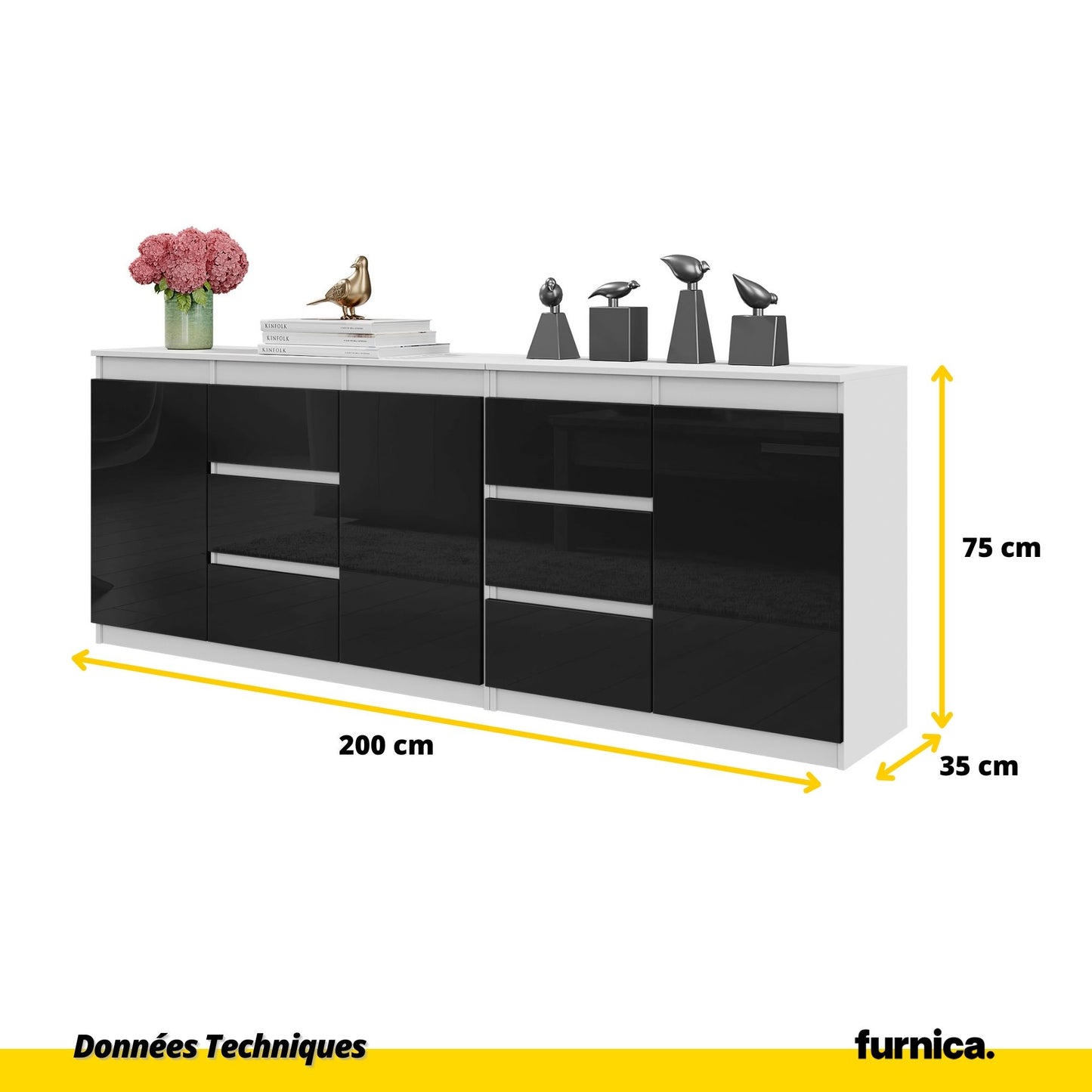MIKEL - Commode 6 Tiroirs et 3 Portes - Armoire de Rangement pour Couloir / Chambre à Coucher - Buffet - Blanc Matt / Noir Brillant H75cm L200cm P35cm