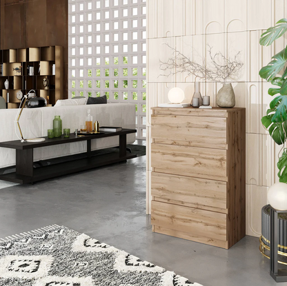 GABRIEL - Commode 4 Tiroirs - Table de Chevet Buffet - H92cm L60cm P33cm (Chêne Wotan)