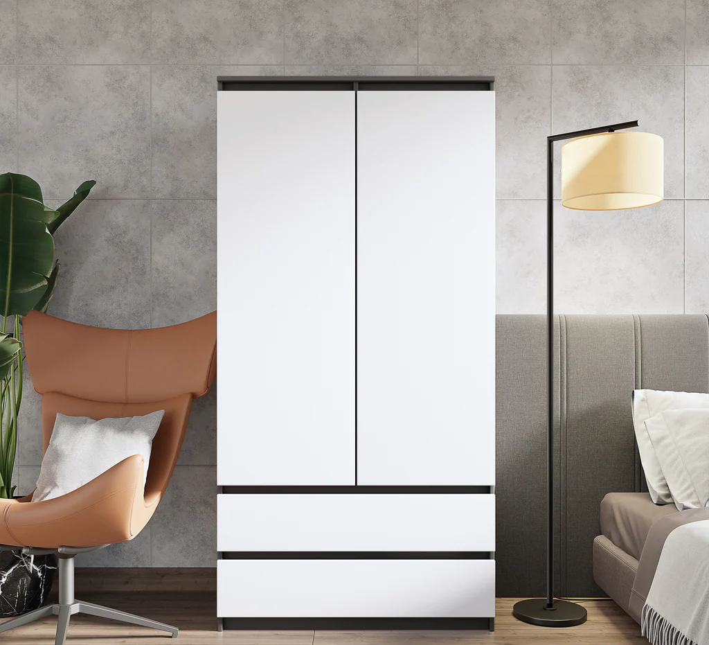 JOELLE - Armoire 2 Portes avec 2 Tiroirs - Anthracite / Blanc Matt H180cm L90cm P50cm