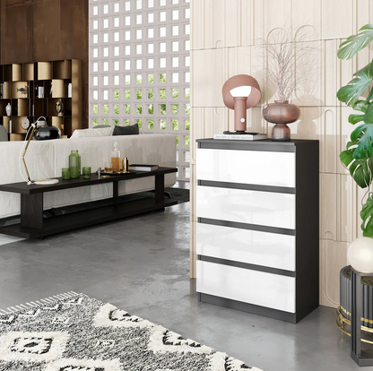 GABRIEL - Commode 4 Tiroirs - Table de Chevet Buffet - H92cm L60cm P33cm (Anthracite / Blanc Brillant)