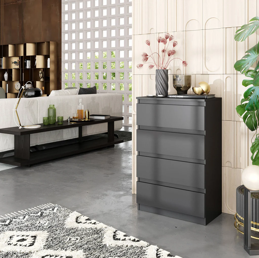 GABRIEL - Commode 4 Tiroirs - Table de Chevet Buffet - H92cm L60cm P33cm (Anthracite)