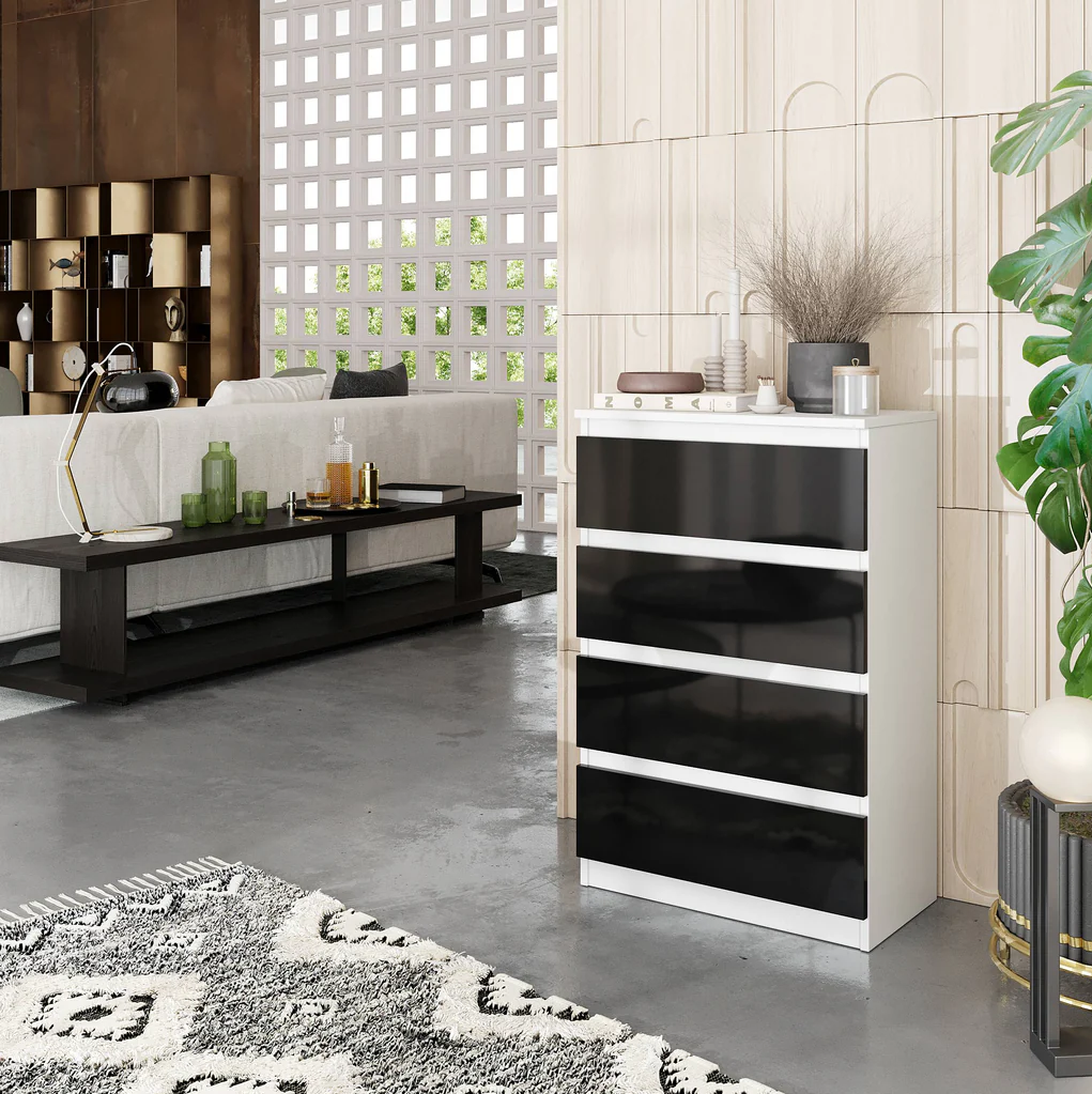 GABRIEL - Commode 4 Tiroirs - Table de Chevet Buffet - H92cm L60cm P33cm (Blanc / Noir Brillant)