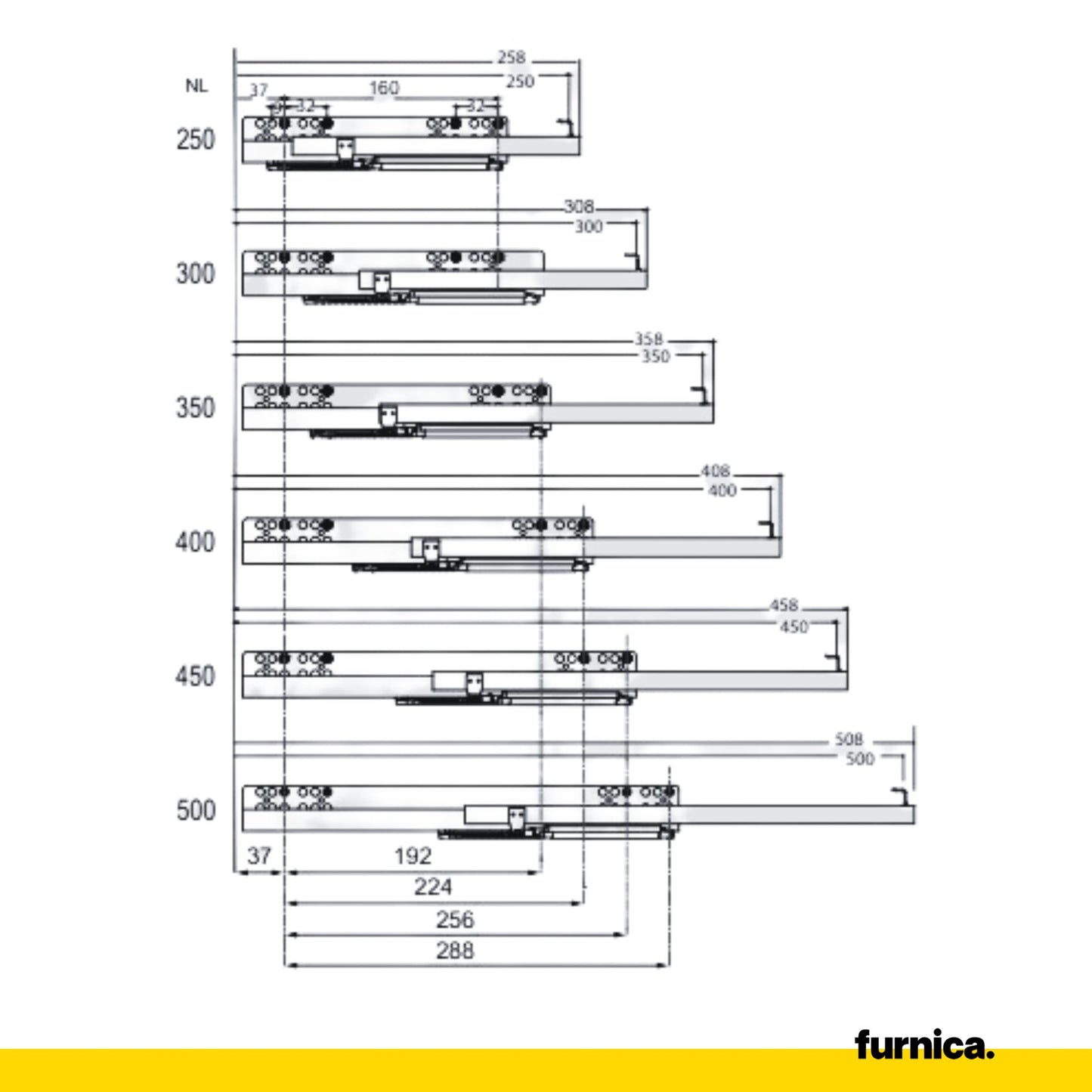Ensemble de glissières dissimulée à fermeture silencieuse (gauche et droite) 250-550mm