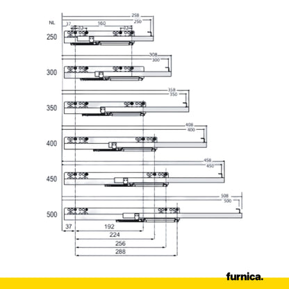 Ensemble de glissières dissimulée à fermeture silencieuse (gauche et droite) 250-550mm