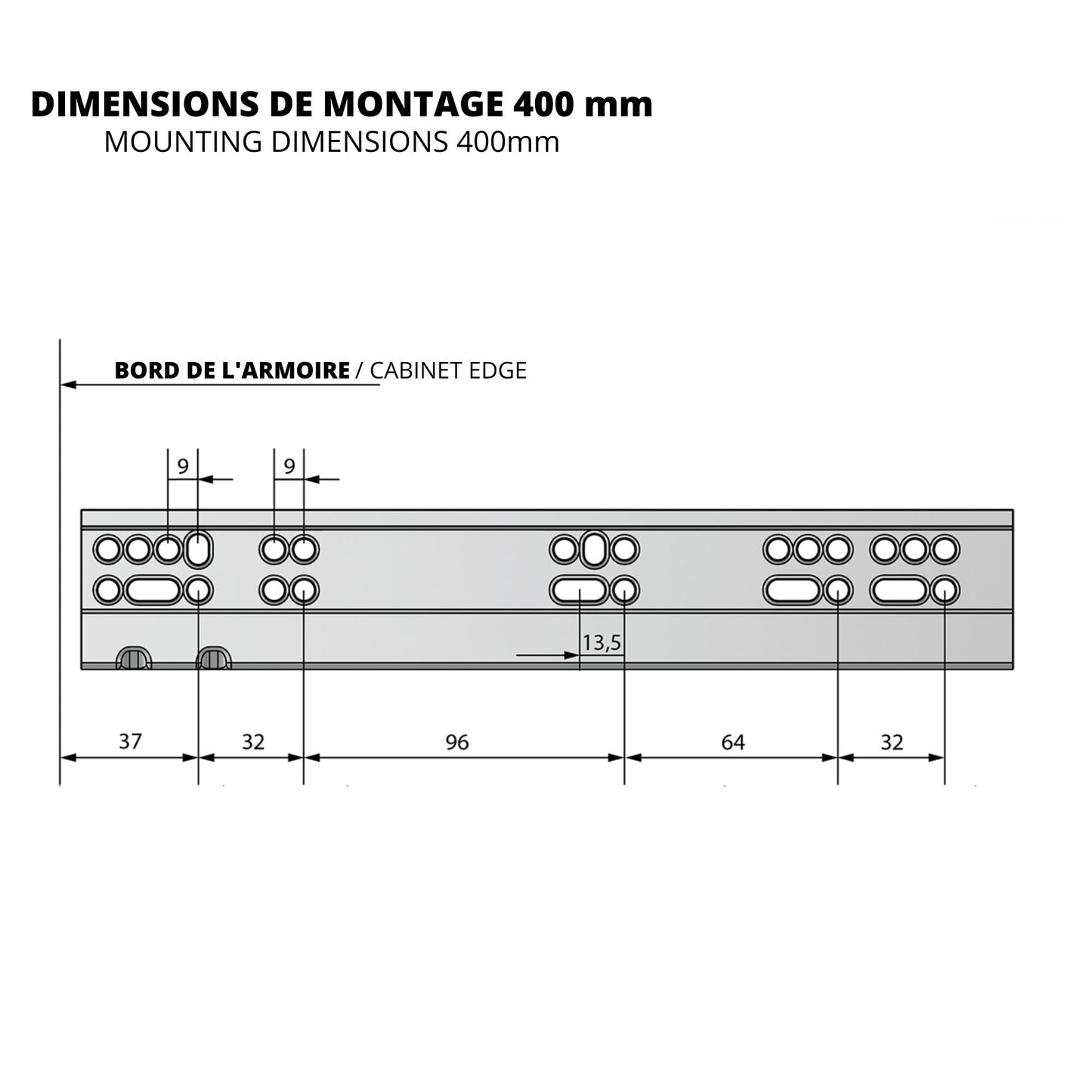 Ensemble de glissières dissimulée à fermeture silencieuse (gauche et droite), extension complète 400mm