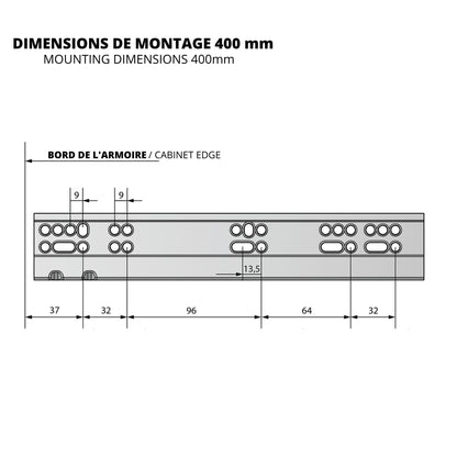Ensemble de glissières dissimulée à fermeture silencieuse (gauche et droite), extension complète 400mm