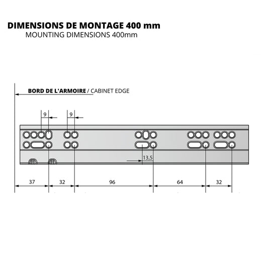 Ensemble de glissières dissimulée à fermeture silencieuse (gauche et droite), extension complète 400mm