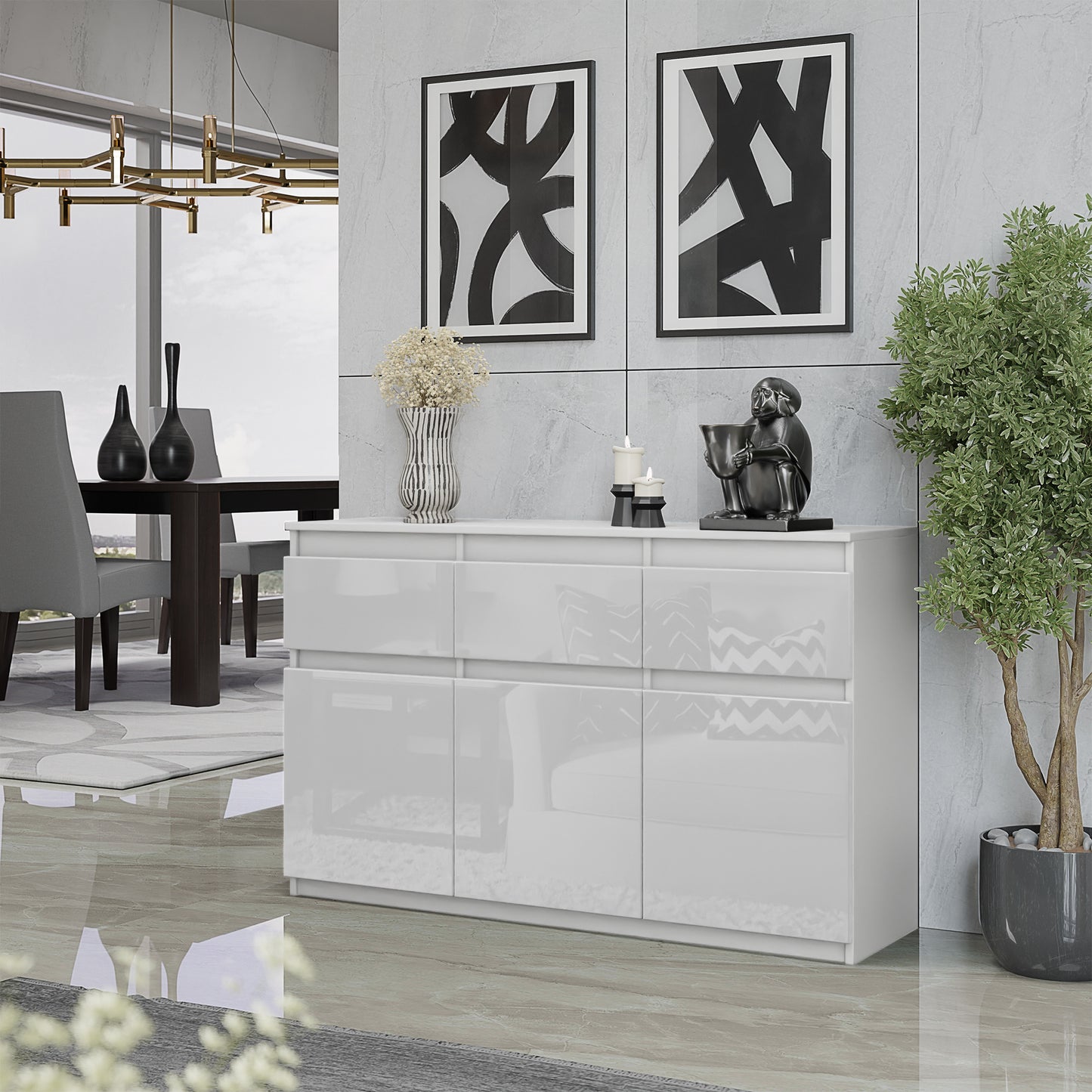 NOAH - Commode 3 Tiroirs et 3 Portes - Meuble de Rangement pour Couloir/Chambre - Buffet - H75cm L120cm P35cm (Blanc Matt/Blanc Brillant)