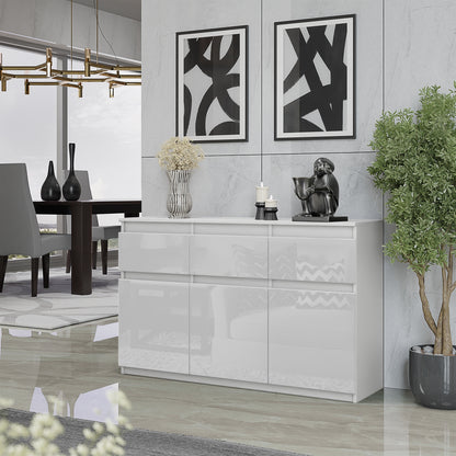 NOAH - Commode 3 Tiroirs et 3 Portes - Meuble de Rangement pour Couloir/Chambre - Buffet - H75cm L120cm P35cm (Blanc Matt/Blanc Brillant)