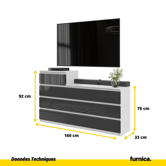 GABRIEL - Commode 10 Tiroirs (6+4) - H92/70 cm L160 cm P33 cm (Blanc / Anthracite Brillant)