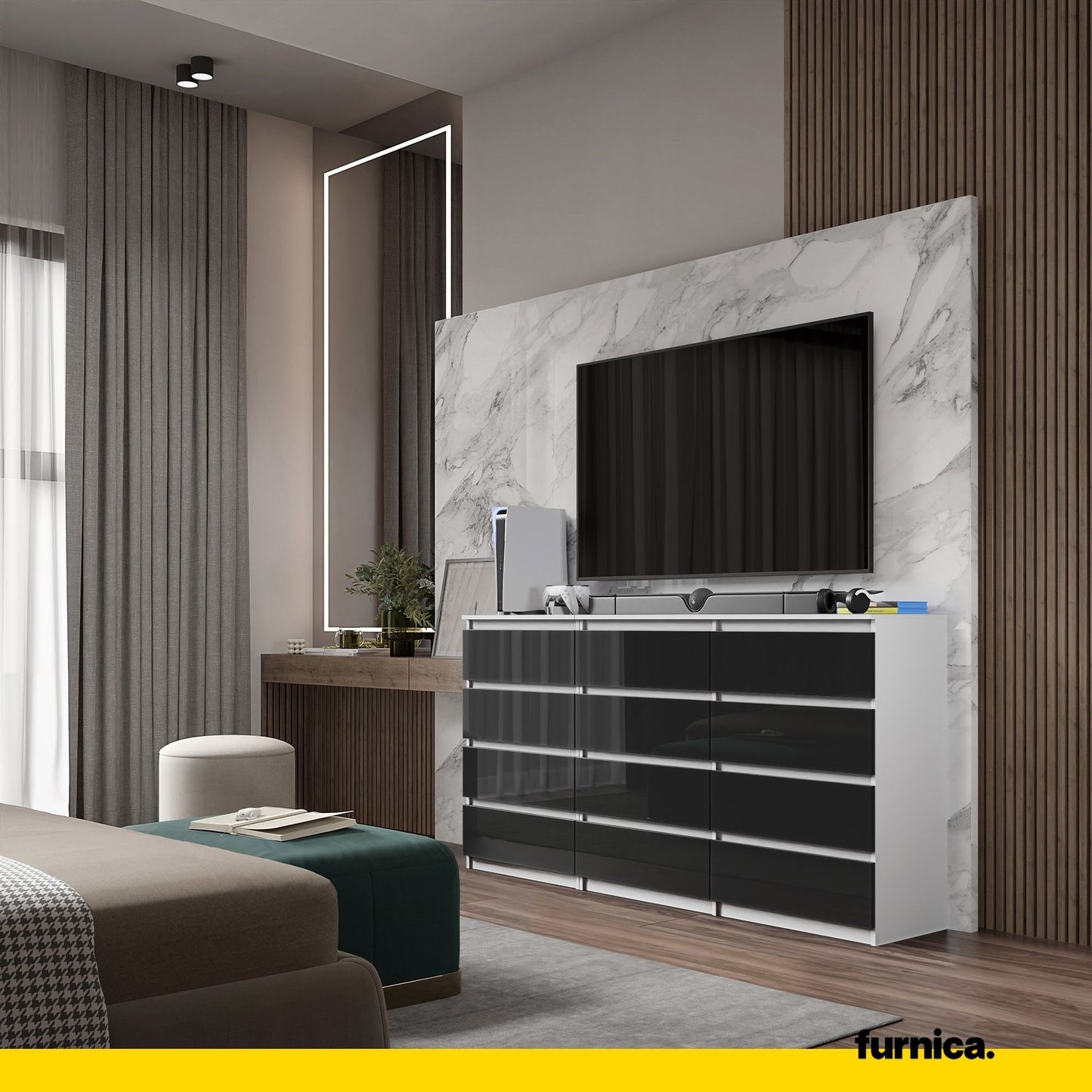 GABRIEL - Commode 12 Tiroirs (8+4) - H92cm L180cm P33cm (Blanc / Noir Brillant)