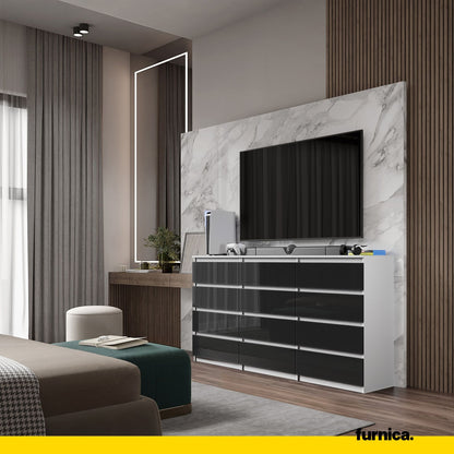 GABRIEL - Commode 12 Tiroirs (8+4) - H92cm L180cm P33cm (Blanc / Noir Brillant)