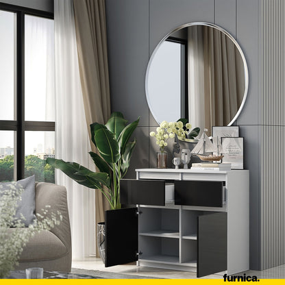 NOAH - Commode 2 Tiroirs et 2 Portes - Meuble de Rangement pour Couloir/Chambre - Buffet - H75cm L80cm P35cm (Blanc/Noir Brillant)