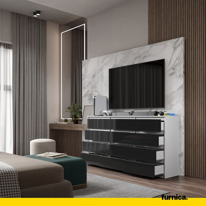 GABRIEL - Commode 12 Tiroirs (8+4) - H92cm L180cm P33cm (Blanc / Noir Brillant)