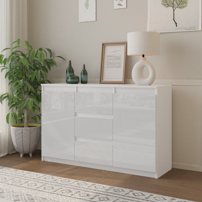 MIKEL - Commode 3 Tiroirs et 2 Portes - Armoire de Rangement pour Couloir/Chambre à Coucher - Buffet - H75cm L120cm P35cm (Blanc Matt/Blanc Brillant)