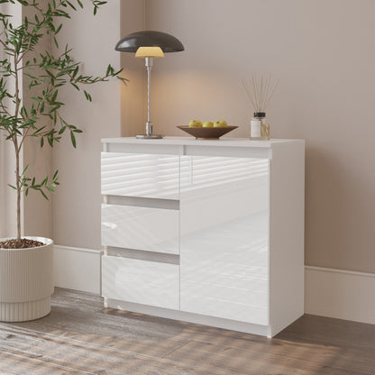MIKEL - Commode 3 Tiroirs et 1 Porte - Armoire de Rangement pour Couloir/Chambre à Coucher - Buffet - H75cm L80cm P35cm (Blanc Matt/Blanc Brillant)