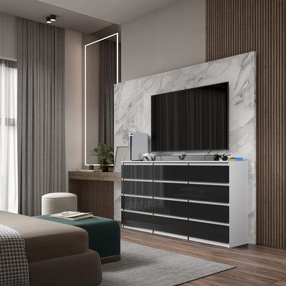 GABRIEL - Commode 12 Tiroirs (8+4) - H92cm L180cm P33cm (Blanc / Noir Brillant)