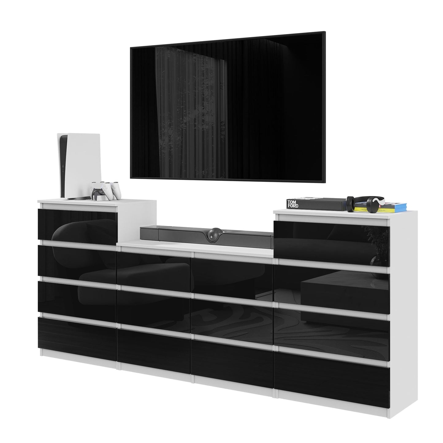 GABRIEL - Commode 14 Tiroirs (4+6+4) - H92cm L220cm P33cm (Blanc / Noir Brillant)
