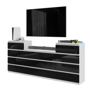 GABRIEL - Commode 14 Tiroirs (4+6+4) - H92cm L220cm P33cm (Blanc / Noir Brillant)