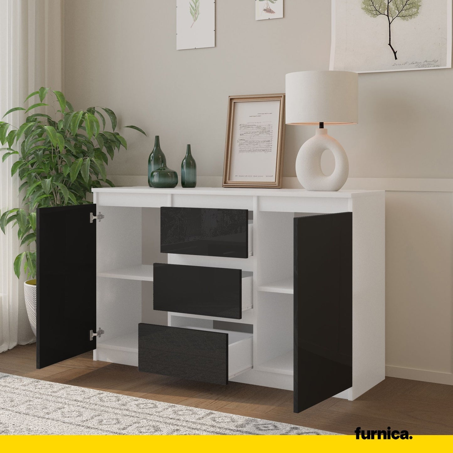 MIKEL - Commode 3 Tiroirs et 2 Portes - Armoire de Rangement pour Couloir/Chambre à Coucher - Buffet - H75cm L120cm P35cm (Blanc/Noir Brillant)
