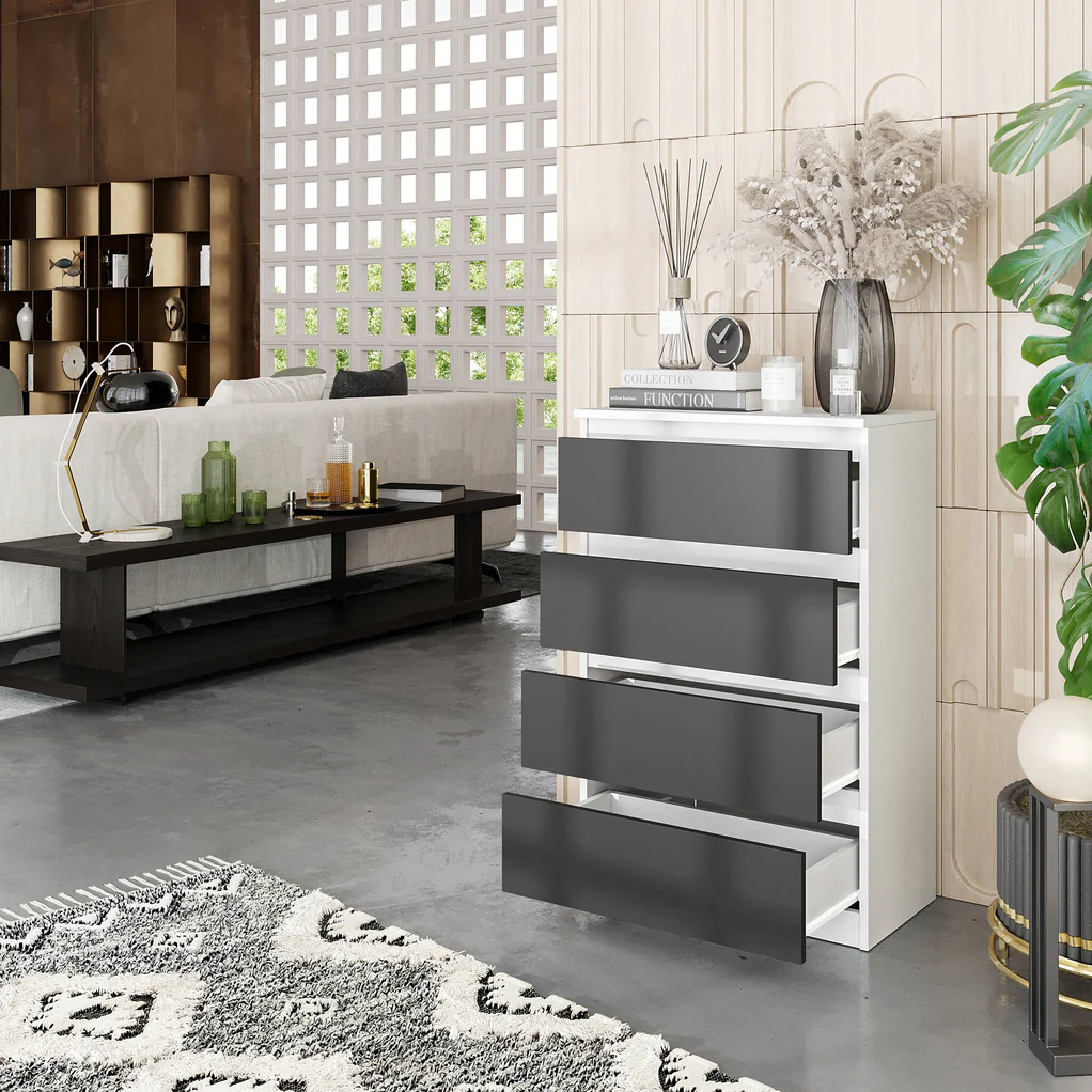 GABRIEL - Commode 4 Tiroirs - Table de Chevet Buffet - H92cm L60cm P33cm (Blanc Matt / Anthracite)