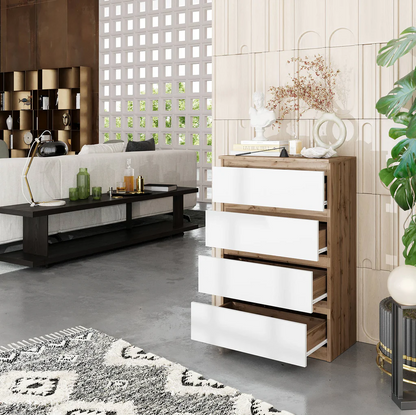 GABRIEL - Commode 4 Tiroirs - Table de Chevet Buffet - H92cm L60cm P33cm (Chêne Wotan / Blanc Matt)