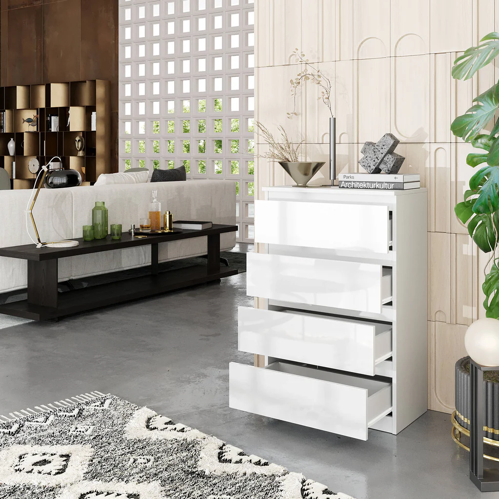 GABRIEL - Commode 4 Tiroirs - Table de Chevet Buffet - H92cm L60cm P33cm (Blanc Matt / Blanc Brillant)