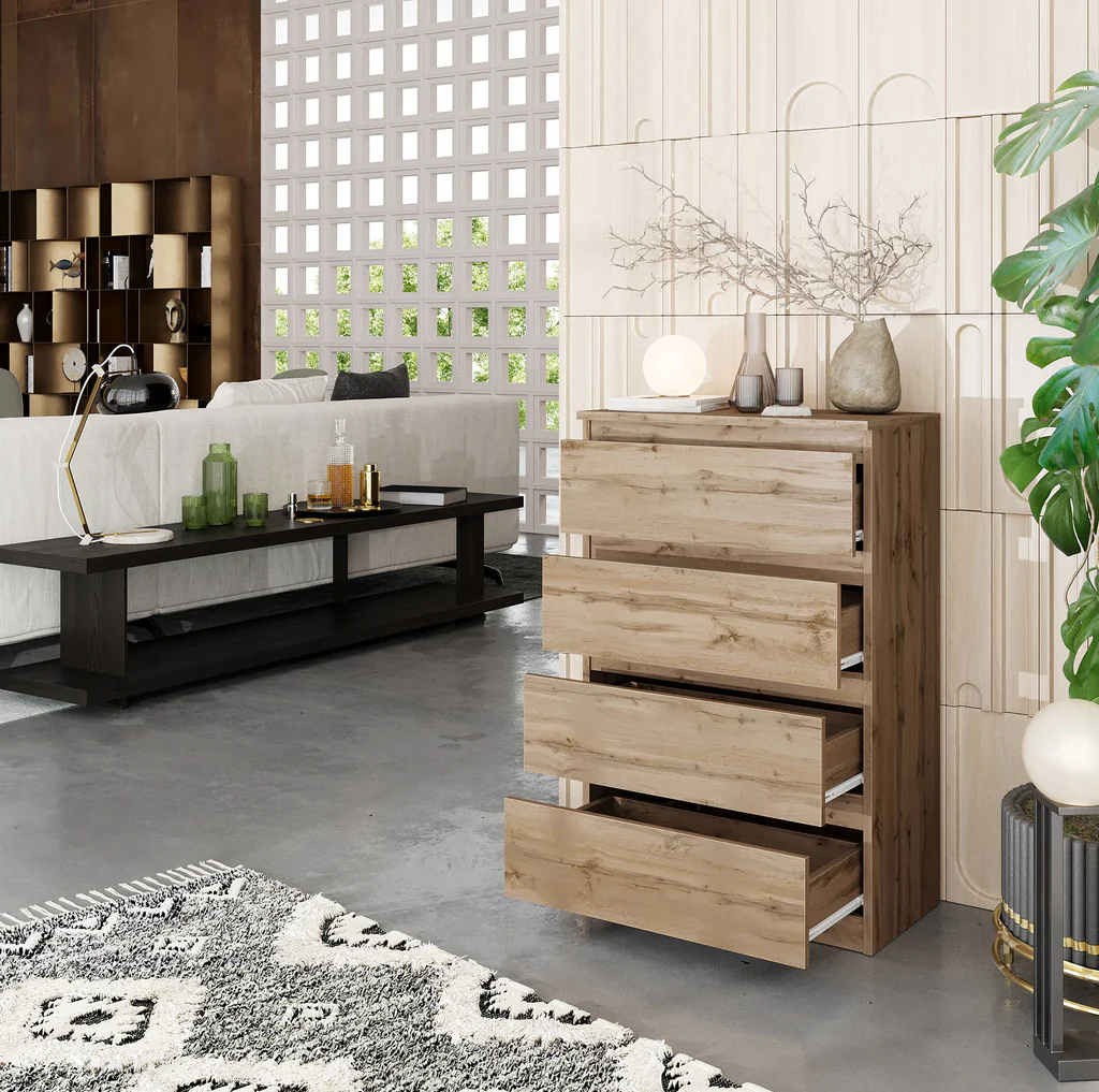 GABRIEL - Commode 4 Tiroirs - Table de Chevet Buffet - H92cm L60cm P33cm (Chêne Wotan)