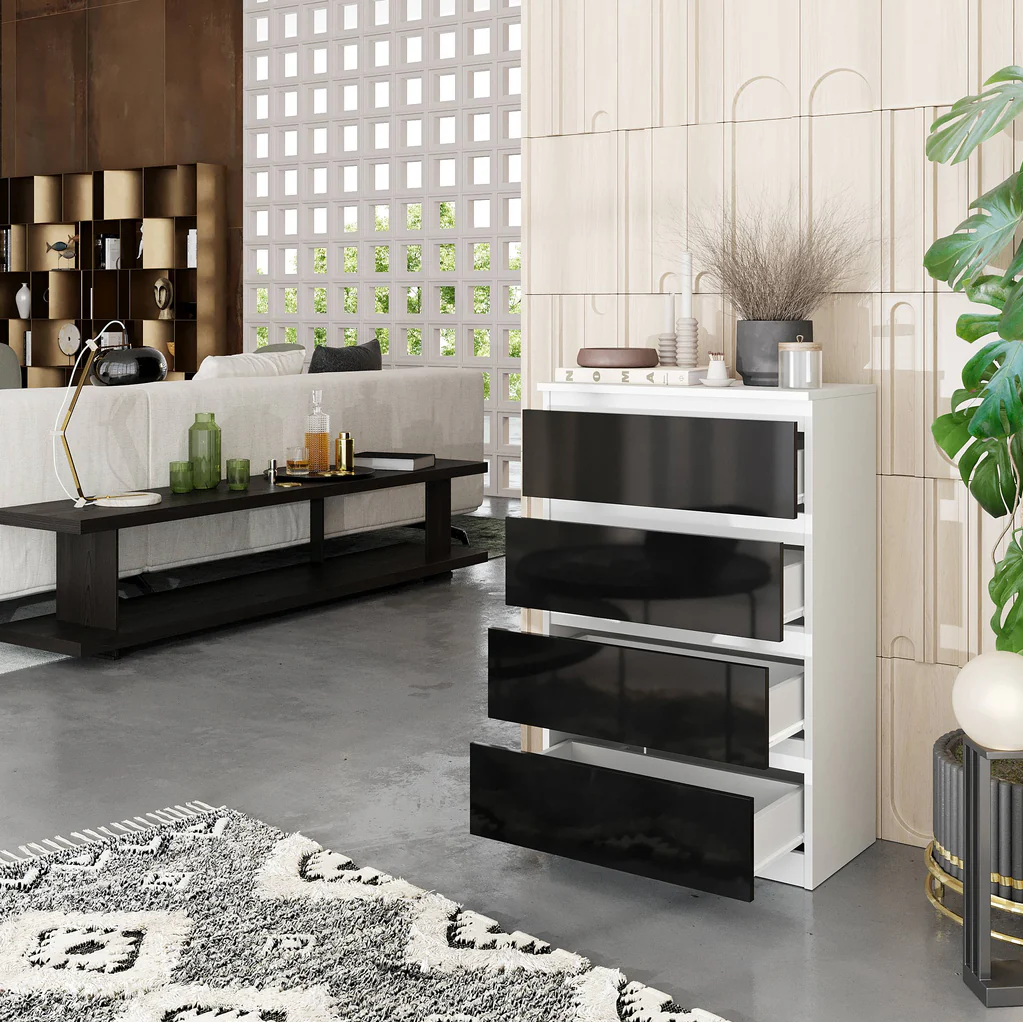 GABRIEL - Commode 4 Tiroirs - Table de Chevet Buffet - H92cm L60cm P33cm (Blanc / Noir Brillant)