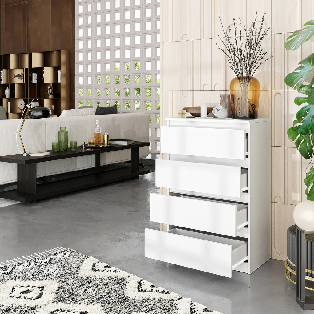 GABRIEL - Commode 4 Tiroirs - Table de Chevet Buffet - H92cm L60cm P33cm (Blanc)
