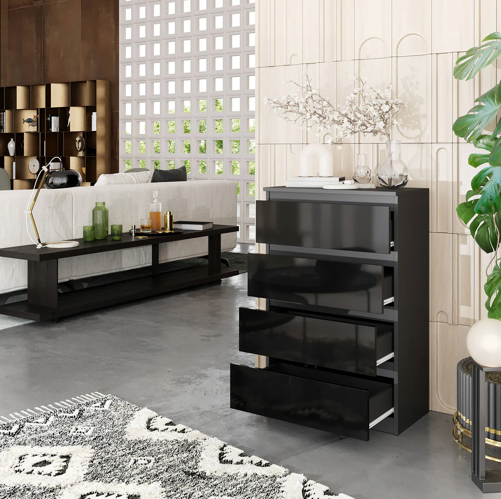 GABRIEL - Commode 4 Tiroirs - Table de Chevet Buffet - H92cm L60cm P33cm (Anthracite / Noir Brillant)