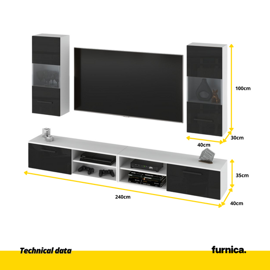 MIRANDA - Meuble TV Suspendu - 4 Armoires - Blanc Matt / Noir Brillant
