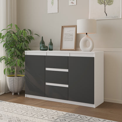 MIKEL - Commode 3 Tiroirs et 2 Portes - Armoire de Rangement pour Couloir/Chambre à Coucher - Buffet - H75cm L120cm P35cm (Blanc/Anthracite)