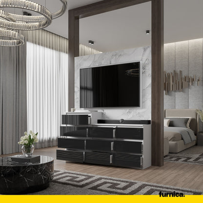 GABRIEL - Commode 10 Tiroirs (6+4) - H92/70 cm L160 cm P33 cm (Blanc / Noir Brillant)